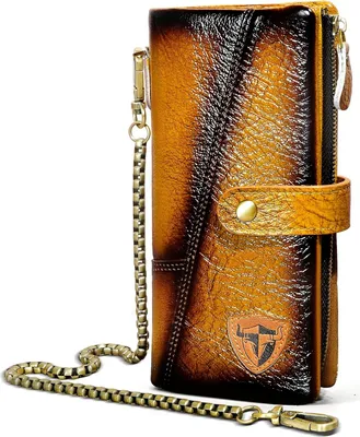 Produktbild von Echtleder Crazy Horse Leder Reisen Geschenk Münztasche Kartenetui Lang Organizer Brieftasche Kette RFID Geldbörse mit Snap für Männer