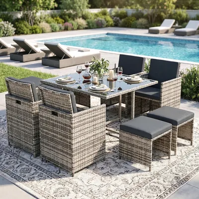 Immagine prodotto di Gruppo di sedute in poly rattan tavolo da pranzo salotto set di mobili da giardino 9 pezzi 1x tavolo + 4x sedie + 4x sgabelli - grigio