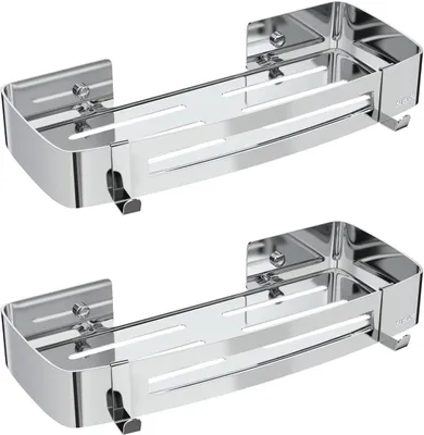 Produktbild von Duschablage ohne Bohren, Eckregal aus 304 Edelstahl, Duschregal mit 4 Haken, selbstklebender Badezimmerorganizer, Duschregal für Bad und Küche (Silber, 2 Stück)