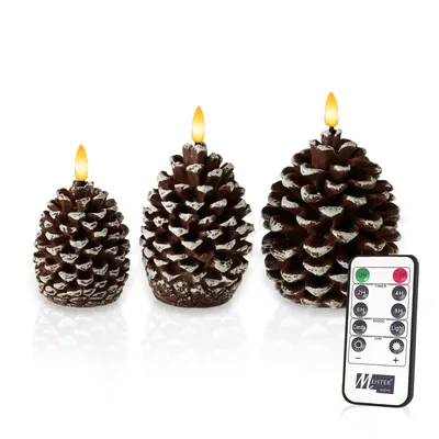Three LED candles shaped like pinecones are displayed on a white background, with a remote control in the foreground.