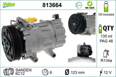 Produktbild von VALEO 813664 6C12 Klimaanlage Klimakompressor PAG 46 R134a passend für PEUGEOT 308 SW I (4E, 4H) 307 (3A/C) 308 I Schrägheck (4A, 4C) für CITROËN