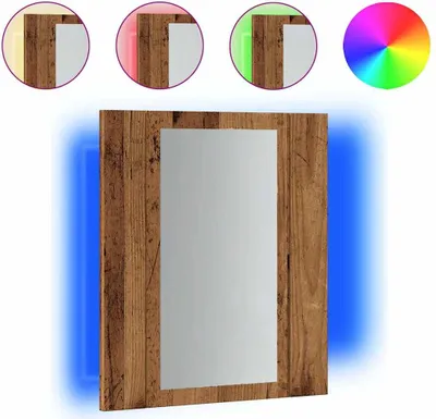 A mirror with a wooden frame and LED lighting, shown with different color options for the lighting.