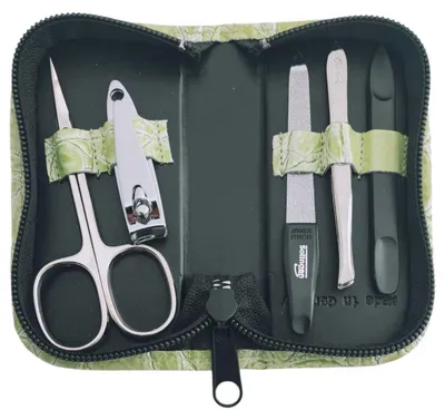 Produktbild von Maniküre Set 5-teilig mit Solingen Instrumenten, Echtleder-Etui Germany, Nagelpflege Set für Damen & Herren, Nagel- und Hautschere, Pinzette, Saphirnagelfeile Grün