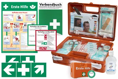Produktbild von Erste-Hilfe-Koffer safeAID für den Betrieb nach aktueller DIN/EN 13157 inkl. Verbandbuch & Hand-Hygiene-Gel + Folienaufkleber, Aushang