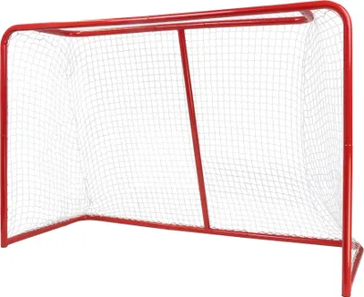 A red hockey goal with a white net, shown from a front-side angle against a white background.