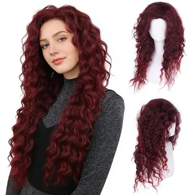 Image de Perruque longue, bouclée, de couleur bordeaux, synthétique, pour femmes