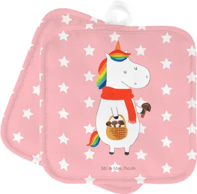 Produktbild von Mr. & Mrs. Panda Topflappen Einhorn Pilz - Rot Pastell - Geschenk, topfhalter, Unicorn, Motivation, Pilze, Kochlappen, Topfuntersetzer, Einhörner, Liebeskummer, Doppel