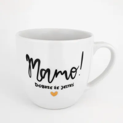 Zdjęcie produktu dla Biały kubek porcelanowy 300 ml - Złote serce i napis mamo dobrze, że jesteś dla mamy na dzień matki