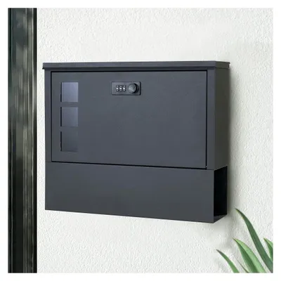 Produktbild von Briefkasten mit Zahlenschloss – Schwarzer Wandbriefkasten aus Edelstahl mit Zeitungsfach und Sichtfenster