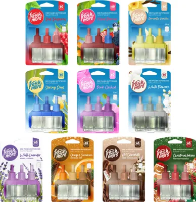 A collage of multiple product packages for air freshener refills.