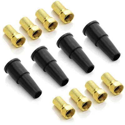 Produktbild von deleyCON SAT Montage Set 12 Teilig - 4x Gummitülle Kabelschutz Isolierkappe & 8x 7mm F-Stecker Vergoldet Schraubbar Gummidichtung Koaxialkabel Antennenkabel