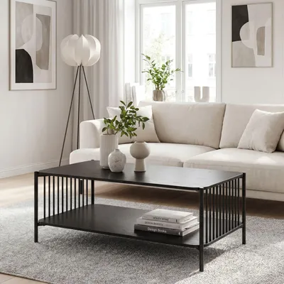 Image de FineBuy Table basse 110 x 60 cm, aspect chêne noir, rectangulaire, table de salon, métal, table de salon, table d'appoint, table de salon, espace de rangement, table d'appoint, table basse
