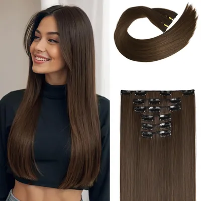Immagine prodotto di Estensioni per capelli da applicare con clip, set da 6 pezzi, lunghezza 61 cm, lisce, sintetiche, color castano