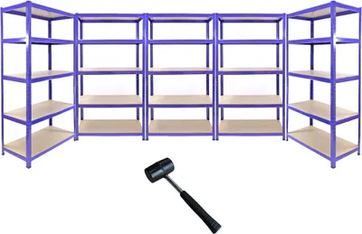Zdjęcie produktu dla Promocja Monster Racking: 5 sztuk regałów magazynowych T-Rax – regały o dużej nośności, regały garażowe, regały stalowe, regały przemysłowe, regały warsztatowe, regały modułowe, regały magazynowe o wymiarach 90 cm x 45 cm x 180 cm – w 100% bez śrub + gratisowy młotek gumowy