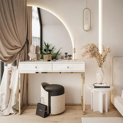 A modern vanity table with a large arched mirror, illuminated by LED lights, set in a bedroom.