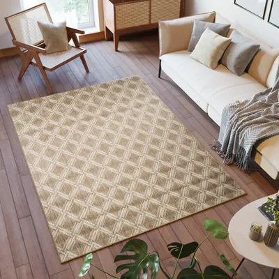 Produktbild von Teppich Outdoor Wohnzimmer Schlafzimmer Kurzflor Modern Design Terrasse Balkon Matte Küche Indoor Beige Braun Hellbraun Viereck Raute Sisal Optik Strapazierfähig 120 x 170 cm