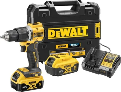 A DeWalt cordless hammer drill kit with two batteries, a charger, and a storage case, displayed against a white background.