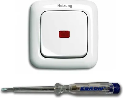 Produktbild von BUSCH JÄGER Heizung-Not-Schalter 2-polig Heizungnotschalter Schriftzug: Heizung – Wippkontrollschalter Beleuchtung, rote Kalotte, Reflex SI alpinweiß Notschalter inkl. EBROM Phasenprüfer zur Montage