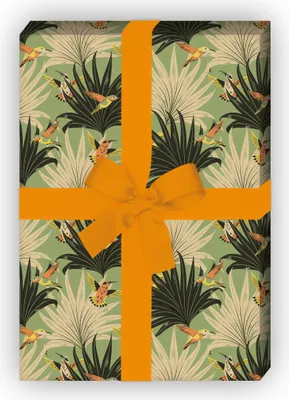 Produktbild von Tropisches Retro Geschenkpapier mit Palmwedeln & Kolibris, grün - G11587, 32 x 48cm