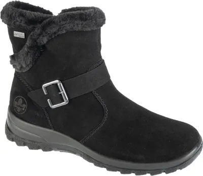A black winter boot with fur trim and a buckle strap.