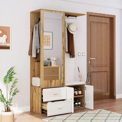 Produktbild von MODFU   Kleiderschrank Wohnzimmerschrank，Highboard  mit Spiegel, Schuhschrank,， Sideboard，Großes Stauraumangebot, Beistellschrank，mit ausziehbarer Kleiderstange，weiß+natur