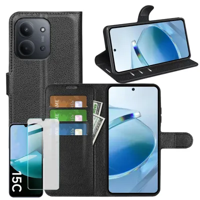 Obrázek produktu pro Pro Xiaomi Redmi 15C 5G / 4G Leatherette Book Wallet Case Black + 9H Tempered Glass
