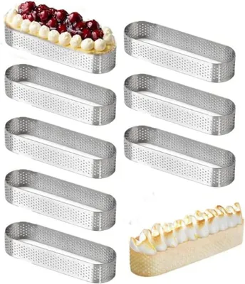 Obrázek produktu pro 8 kusů forem na koláče, perforované, s nepřilnavým povrchem, rozměry 9,4 x 2,8 x 2 cm, vhodné pro dorty, mousse a pečivo