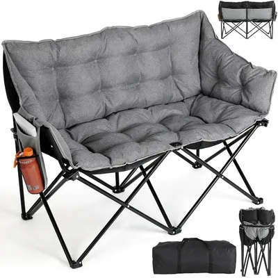 Produktbild von Doppel Campingstuhl für 2 Personen - Faltbarer Loveseat Mondstuhl - Extra breite gepolsterte Sitzfläche - Metallrahmen 120 x 58 x 93 cm - 320 kg Belastung - Grau
