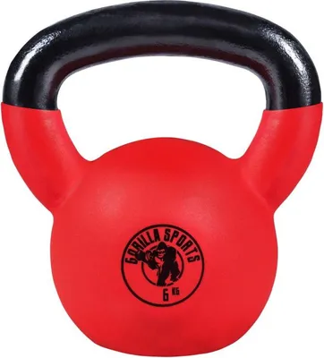 A red kettlebell with a black handle is shown against a white background.