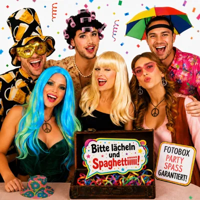 Fröhliche Gruppe mit bunten Perücken, Bierhut, Schirm-Hut und Party-Accessoires bei einer ausgelassenen Fotobox-Party mit Konfetti. Hinweis: KI generiertes Bild