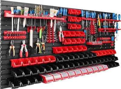 Immagine prodotto di Sistema di stoccaggio Scaffale da officina | 172 x 78 cm | 78 pezzi Scatola | Scaffale a muro con supporti per utensili e contenitori impilabili - Pannelli a muro Scaffale extra forte Scaffale forato per utensili Scaffale da magazzino Scaffale da garage