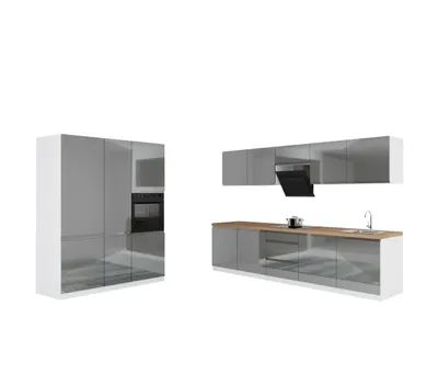 Produktbild von Küchenzeile 300 cm x 160 cm Einbauküche Stilvolle Küchenzeile ohne E-Geräten Küchenblock, Aspen KA25-M300 Grau/Hochglanz