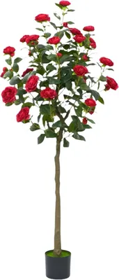 Produktbild von Künstlicher Kamelienbaum 150 cm - Dekorative Kunstblumen Pflanze mit Seidenblüten im Topf - Rot