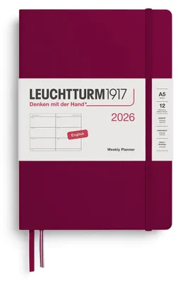 Image de LEUCHTTURM1917, Agenda hebdomadaire format moyen (A5) pour l'année 2026, couleur rouge, en anglais
