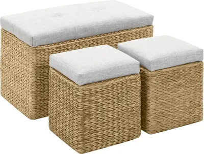 Immagine prodotto di The Living Store Panca con 2 pouf in Seagrass Grigio