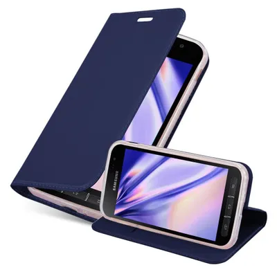 A dark blue flip case for a smartphone is shown with the phone inside and partially open.