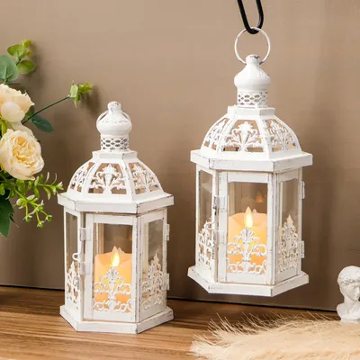 Productafbeelding van Solidchoice - Set van 2 Witte Metalen Decoratieve Kaarslantaarns voor Buiten