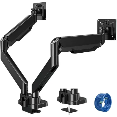 Image de Support pour écran double, bras pour moniteurs de 13 à 39 pouces, jusqu'à 15 kg - Support ergonomique pour bureau, couleur noire