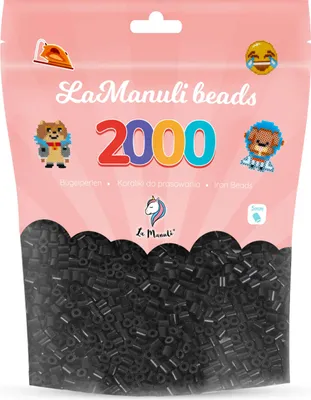 A bag of black midi ironing beads with colorful text and cartoon characters.