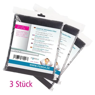 Three packaged activated carbon filters displayed against a white background, with some text and branding visible on the packaging.