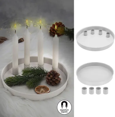Produktbild von Stabkerzenhalter 'WhiteMagnet' magnetisch Metall weiß rund Ø25x3cm 4 Kerzenhalter Kerzentablett Tablett Stabkerzen