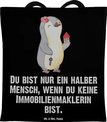 Produktbild von Mr. & Mrs. Panda Shopping Tasche Immobilienmaklerin Herz - Schwarz - Geschenk, Immobilienkauffrau, Einkaufstasche, Spruch, Schultasche, Tote Bag, Laptoptasche, Lustig