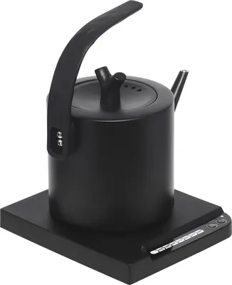 A black electric kettle with a black base and control panel, shown on a white background.
