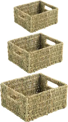 Produktbild von Aufbewahrungskorb CABO 3er-Set natur stapelbar für Wohnzimmer Badezimmer Flur Handtücher Seegras Flechtkorb mit Griffen rechteckig Aufbewahrungsbox