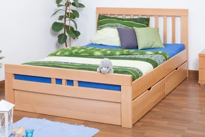 Produktbild von Einzelbett / Funktionsbett "Easy Premium Line" K8 inkl. 2 Schubladen und 1 Abdeckblende, 140 x 200 cm Buche Vollholz massiv Natur