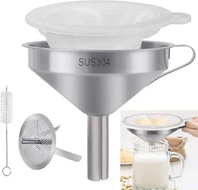 Produktbild von 5 Zoll Edelstahl Trichter mit Henkel Metalltrichter Edelstahltrichter Küchentrichter Trichterset 300 Mesh Filter Abnehmbarem Sieb 1 Reinigungsbürste Küchen Einfülltrichter Trichter Set für Öl