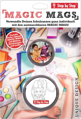 A flat lay of art supplies and a product packaging for 'MAGIC MAGS' which are customizable patches for school bags.