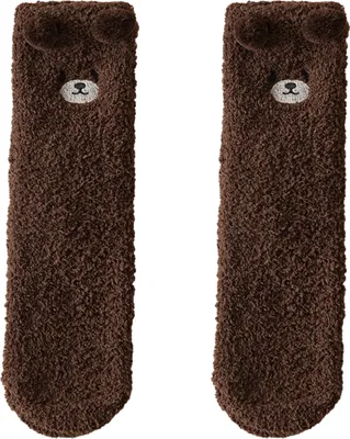Produktbild von 1 Paar Damen Winter Korallen Fleece Fuzzy Socken Stickerei Bär Muster Verdickte Plüsch Bodensocken Mittelrohr Home Schlafsocken