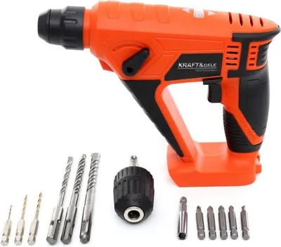 An orange and black cordless hammer drill with various drill bits and a chuck attachment, displayed on a white background.
