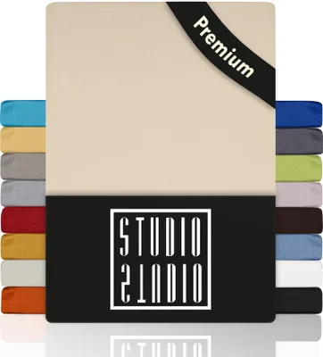 Produktbild von STUDIO Premium Spannbettlaken 180x200cm - 200x220cm, 170g/m² gekämmte Baumwolle mit 3% Elasthan, 100, Bettlaken auch für hohe Matratzen, Boxspringbetten und Wasserbetten bis 35cm - Creme